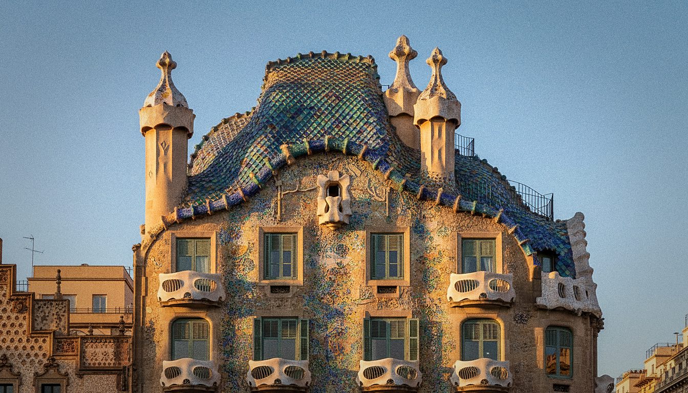 La terrasse du toit de la Casa Batlló avec ses tuiles irisées en dos de dragon et ses cheminées sculptées