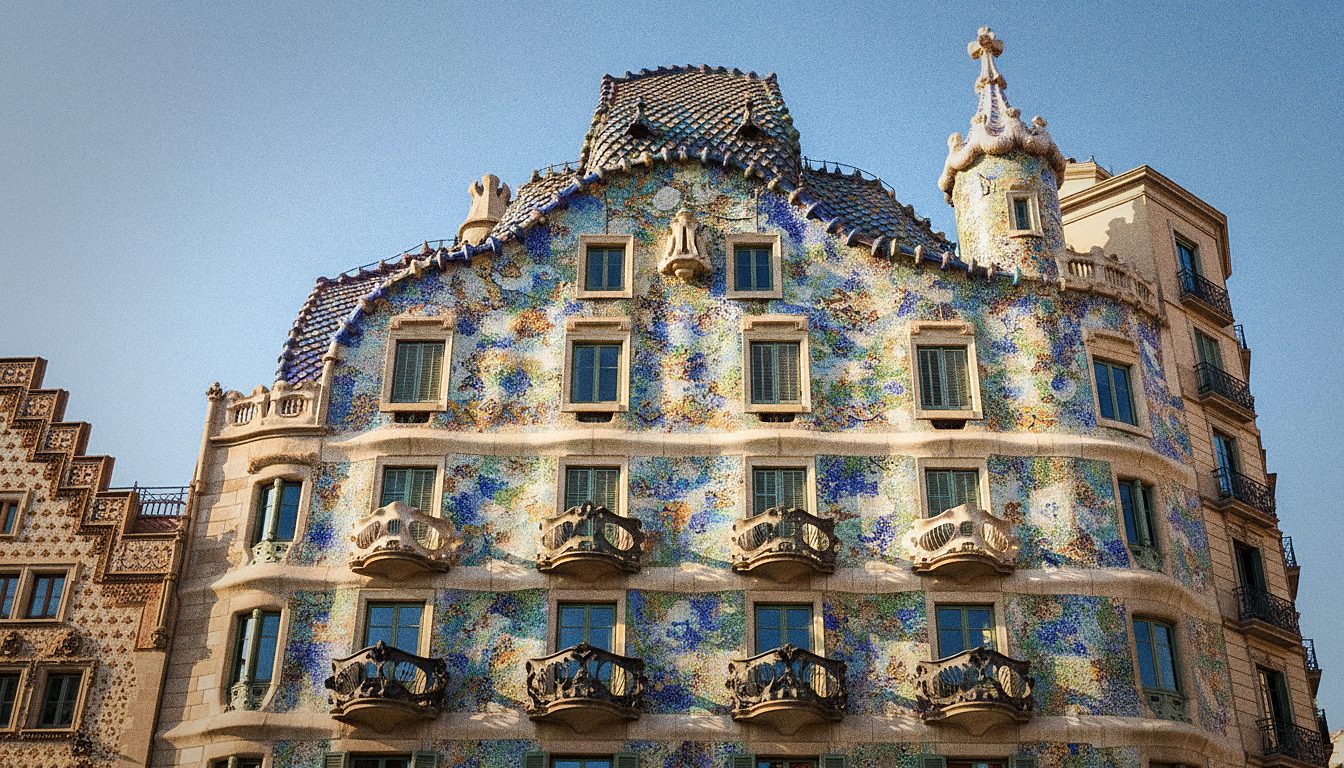 La façade ondulante de la Casa Batlló avec sa mosaïque en trencadís et son toit en dos de dragon sur le Passeig de Gràcia à Barcelone