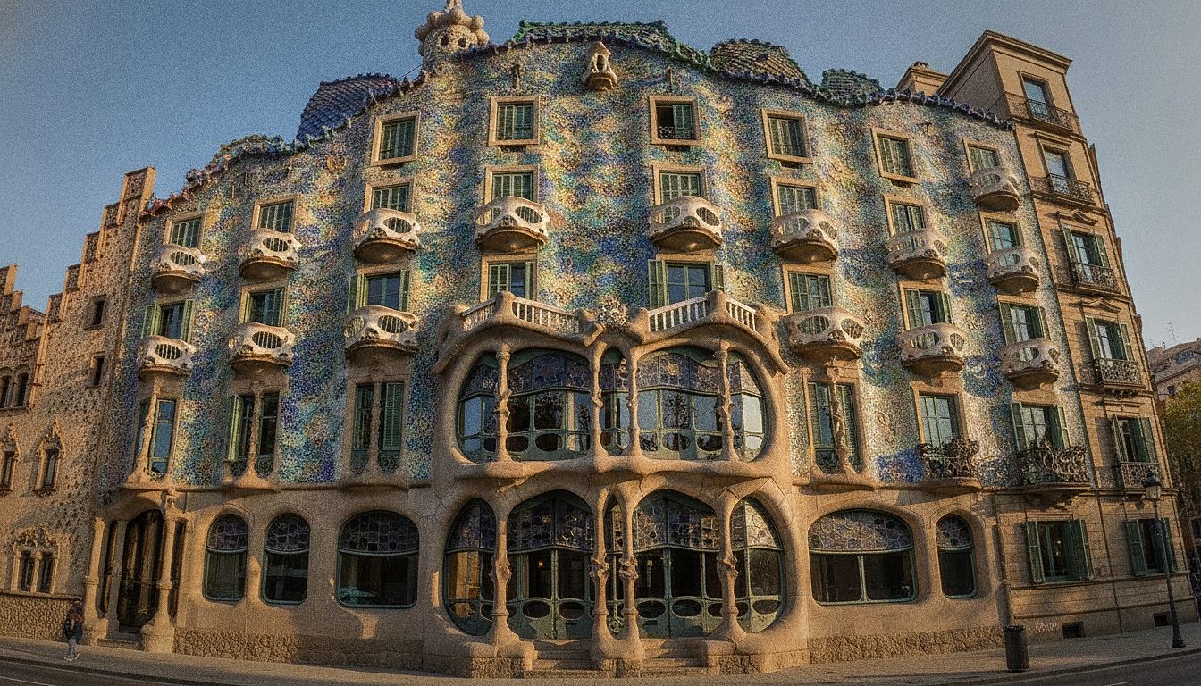 Entrée de la Casa Batlló sur le Passeig de Gràcia avec sa façade en mosaïque de trencadís vue depuis le trottoir